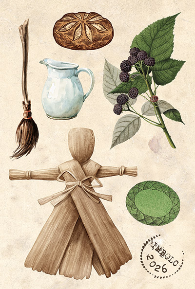 various Imbolc items, blackberries, doll,  besom, milk pitcher, bread