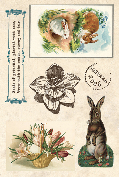 various ostara items, rabbit, daffodil, basket of flowers, bunny pair